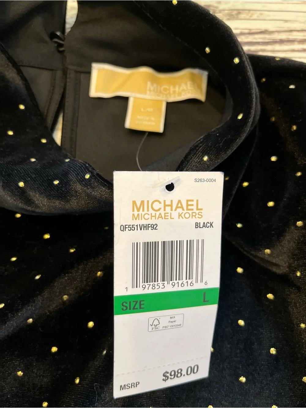 New Michael Kors Black Velvet Mock Neck Top Large Gold Studs  Holiday Wear NWT